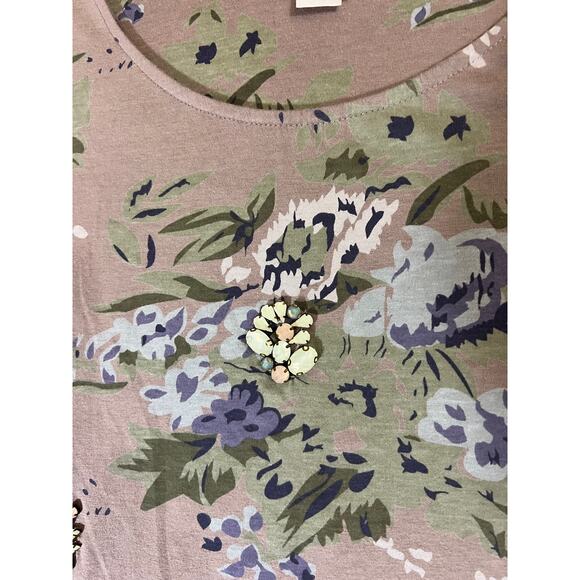 Chicos Top Shirt Women’s 3 Light Brown Soft Pink Floral Bejeweled Blouse Comfy - Picture 5 of 5
